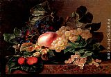 Grapes, Strawberries, a Peach, Hazelnuts and Berries in a Bowl on a marble Ledge by Johan Laurentz Jensen